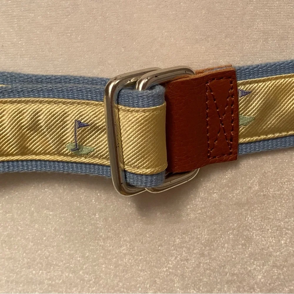 J. McLAUGHLIN BELT GOLF FLAG BLUE WEBBING YELLOW RIBBON BROWN LEATHER SIZE S USA